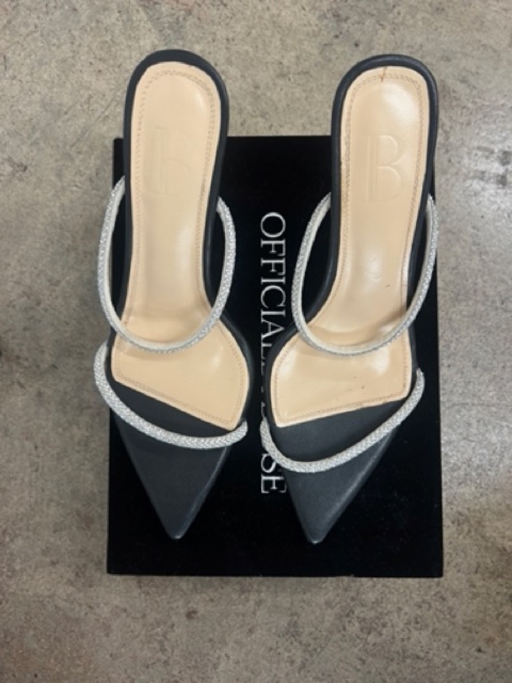 ByDose Black Pointed Toe Rhinestone Strap Stiletto Mules